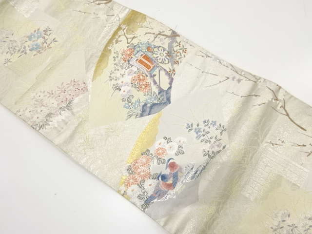 JAPANESE KIMONO / ANTIQUE FUKURO OBI / SILK / WOVEN CARRIAGE & MANDARIN DUCK